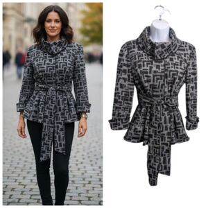 Garfield & Marks Black Gray Geometric Jacket Coat Snap Button Down Tie Waist L